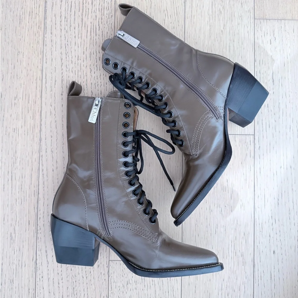 Chloé Brown Lace-Up Ankle Boots - Picture 3 of 9